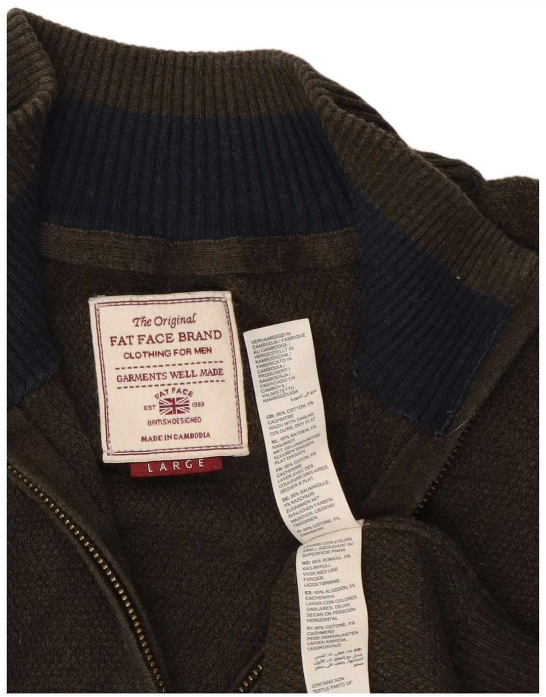 Fat Face Herren-Pullover mit Reißverschluss am Hals, große Khaki-Baumwolle