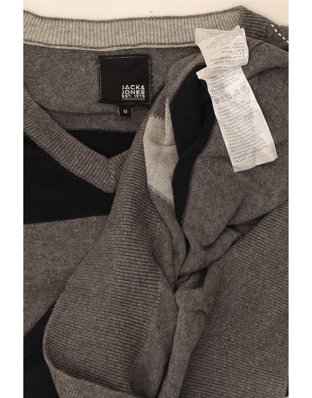 Jack & Jones Herren-Pullover mit V-Ausschnitt, mittelgraue Argyle-/Diamant-Baumwolle
