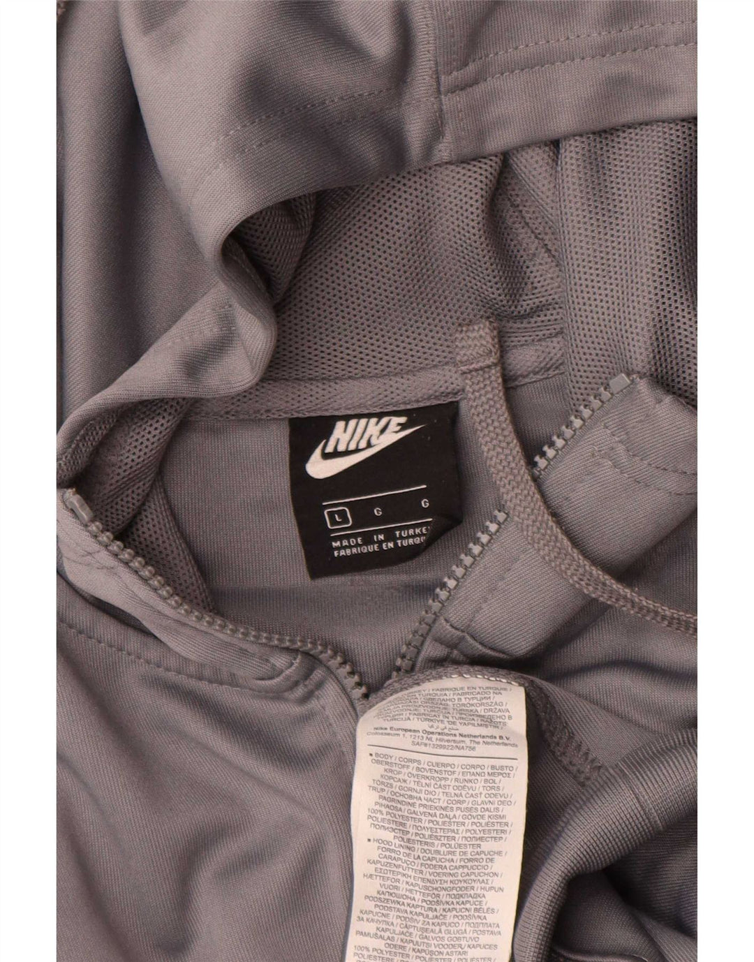 Nike Herren-Kapuzenpullover mit grafischem Reißverschluss, groß, graues Farbblock-Polyester