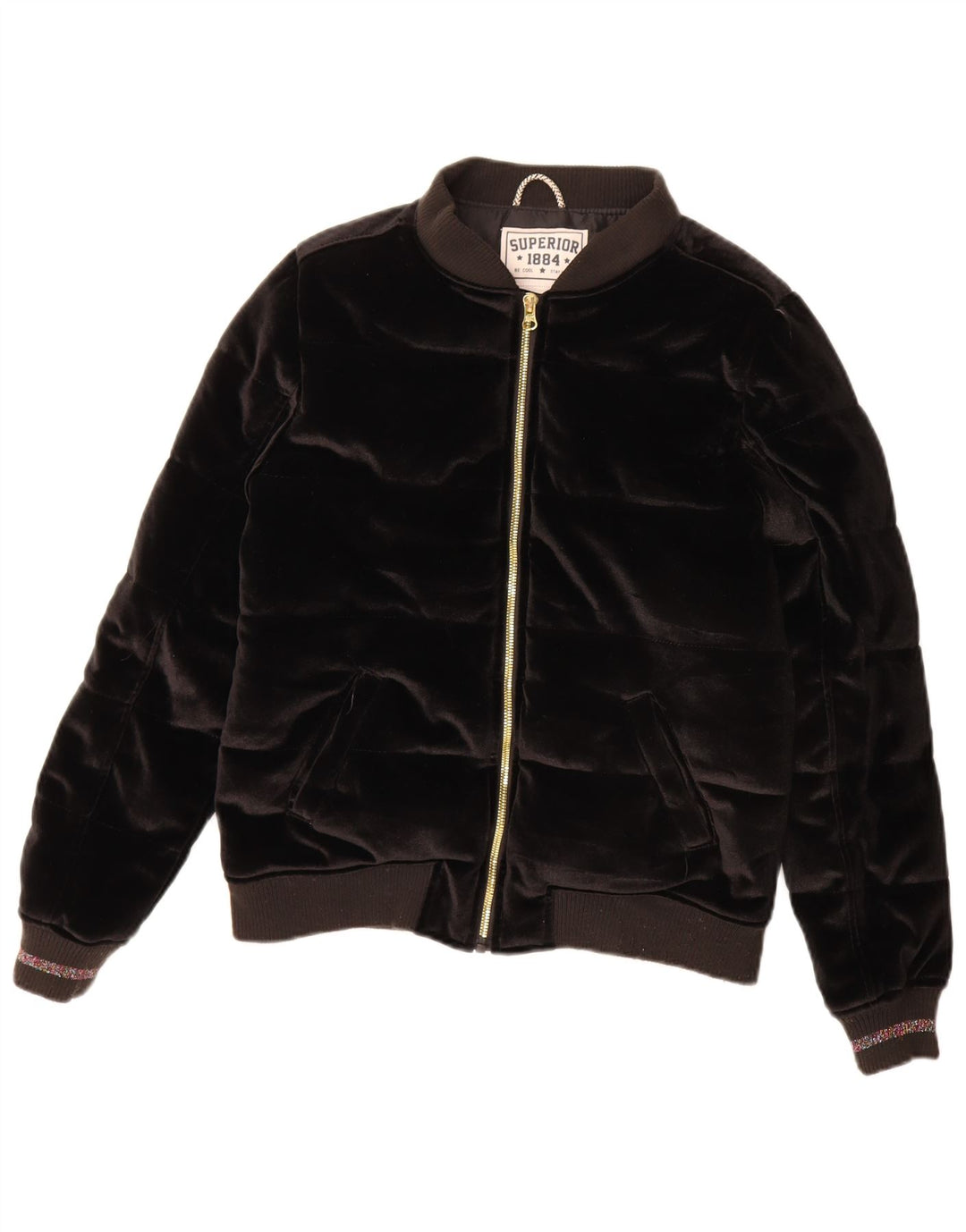 Hochwertige wattierte Veloursjacke für Mädchen, 13–14 Jahre, aus schwarzem Polyester