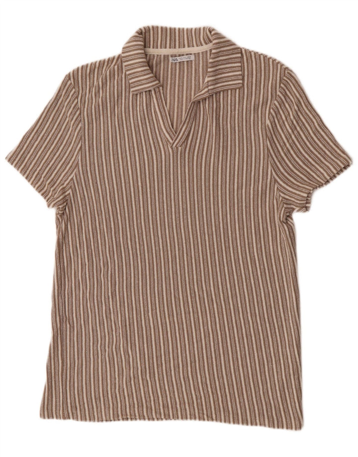 Zara Herren-Poloshirt, groß, beige, gestreift, Baumwolle
