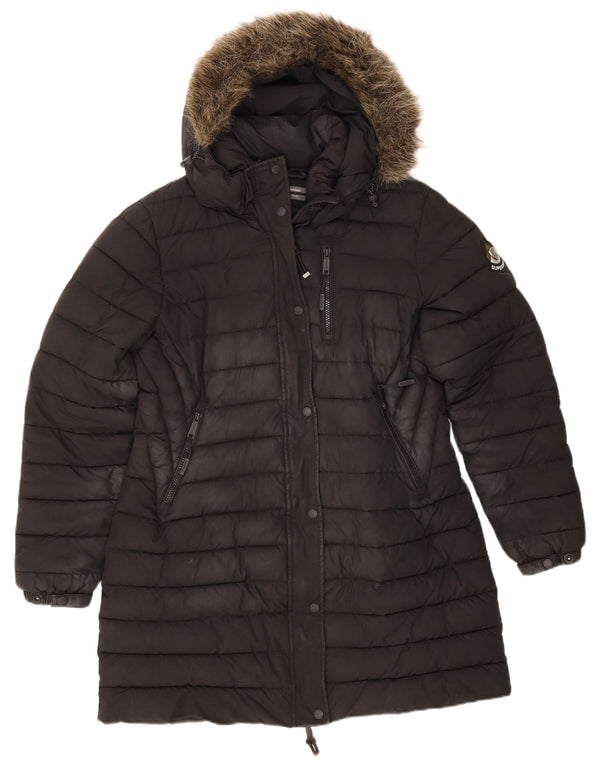 Superdry Wattierter Mantel mit Kapuze für Damen, UK 16, Größe L, Schwarz, Polyester
