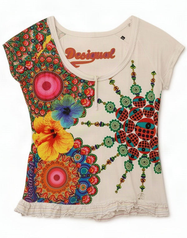 Desigual Womens Front Tie Graphic T-Shirt Top UK 22 2XL Weiß