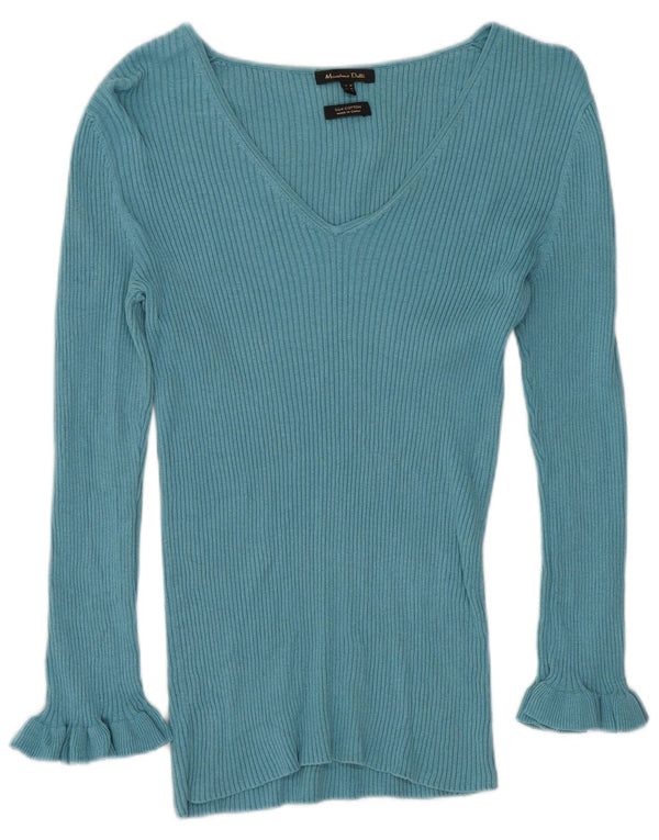 Massimo Dutti Damen-Pullover mit V-Ausschnitt, UK 12, mittelblaue Seide