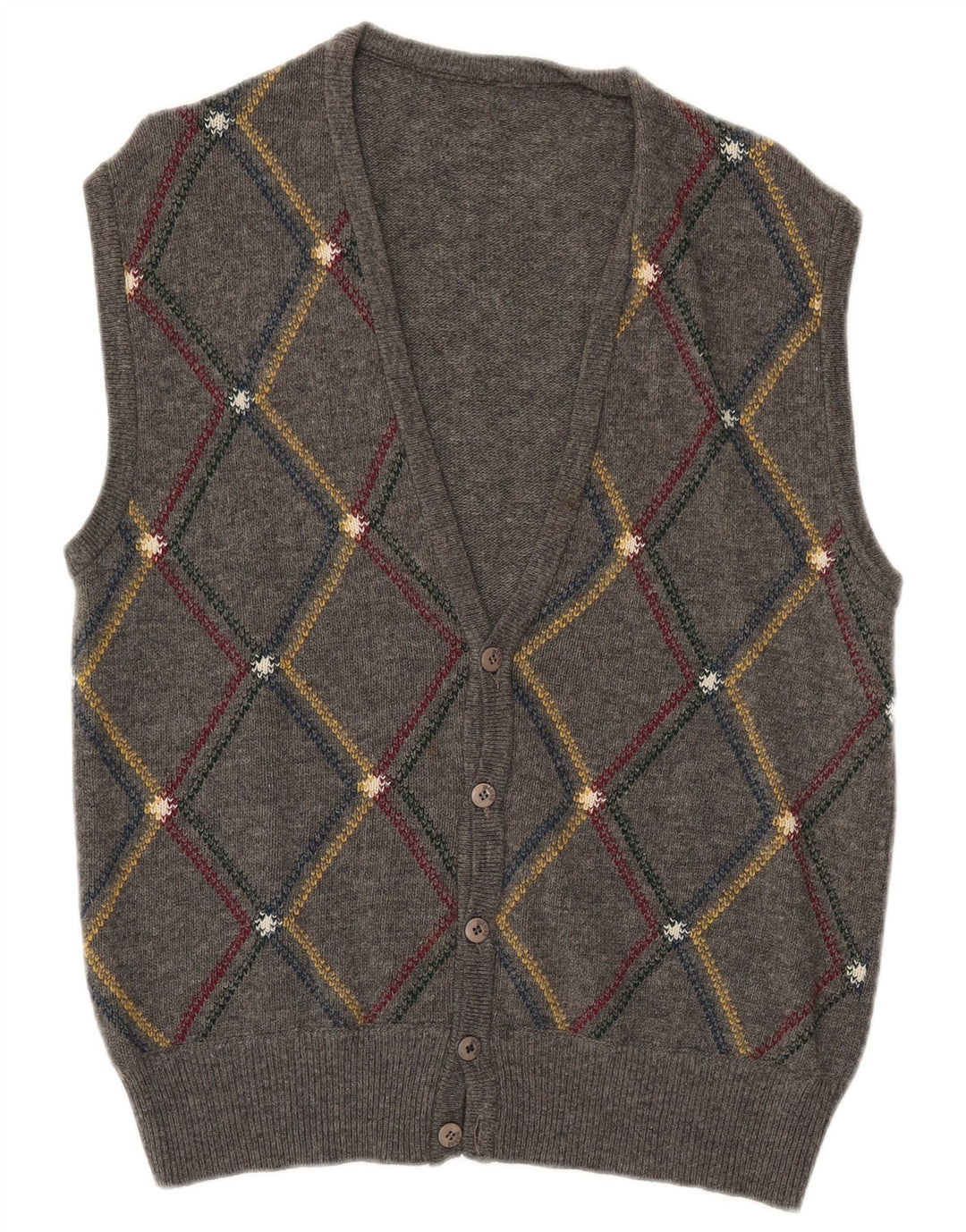 VINTAGE Ärmelloser Herren-Cardigan-Pullover, groß, grau, Argyle/Diamant