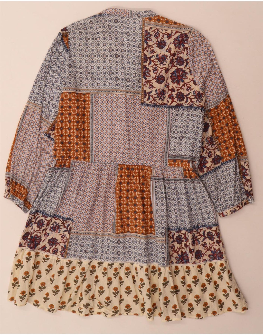 Zara Damen Langarm-Stufenkleid UK 10 Kleines mehrfarbiges Patchwork