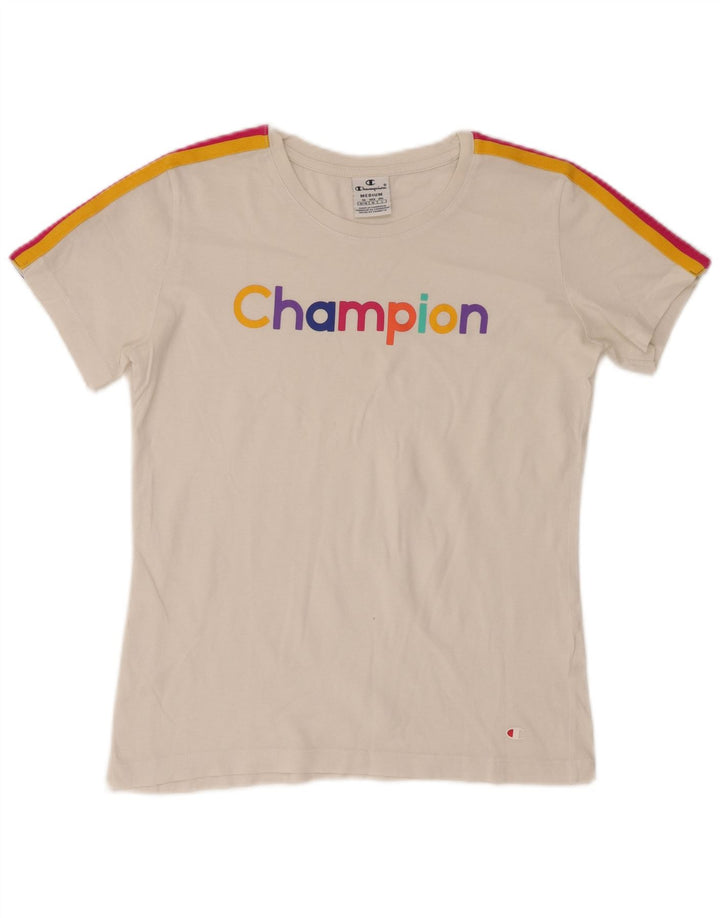 Champion Damen Grafik-T-Shirt-Oberteil UK 12 Mittelweiß Farbblock