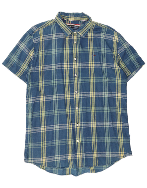 Tommy Hilfiger Herren-Kurzarmhemd 2XL, blau karierte Baumwolle