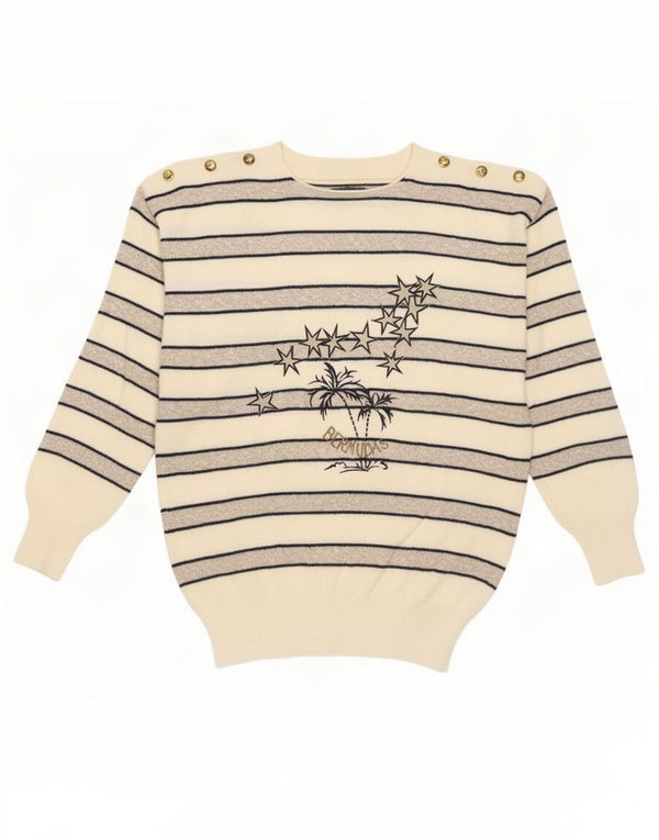 Vintage Damen Pullover mit grafischem Rundhalsausschnitt, Größe 46, groß, weiß gestreift