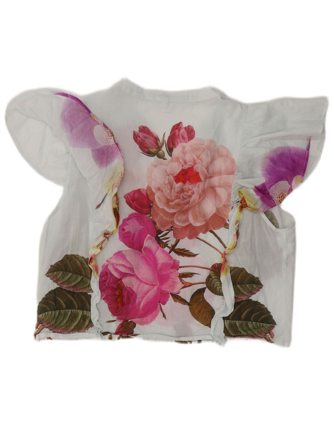 DESIGUAL Damen Crop-Blusenoberteil mit Rüschen vorne, UK 18, XL, weiß, geblümt, Baumwolle