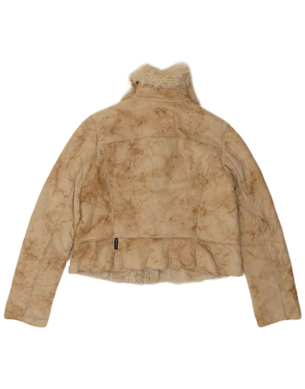 Armani Jeans Damen Crop Sherpa Jacke IT 44 Medium Beige Tie Dye Acryl