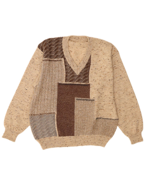 Vintage Mens V-Neck Jumper Sweater IT 48 Medium Beige Colourblock Wool