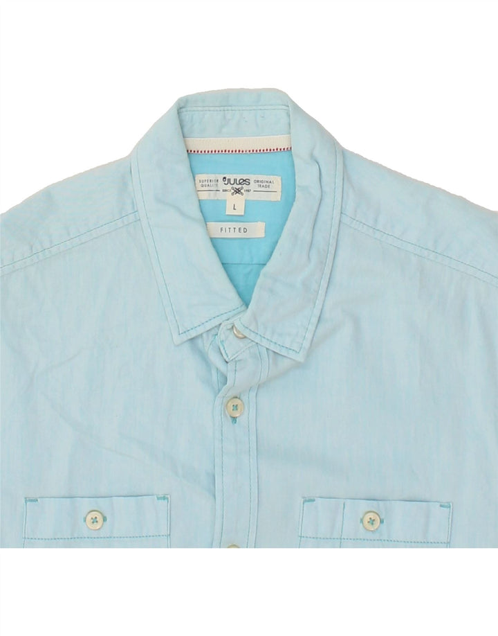 JULES Mens Fitted Short Sleeve Shirt Large Blue Cotton Vintage Jules and Second-Hand Jules from Messina Hembry 