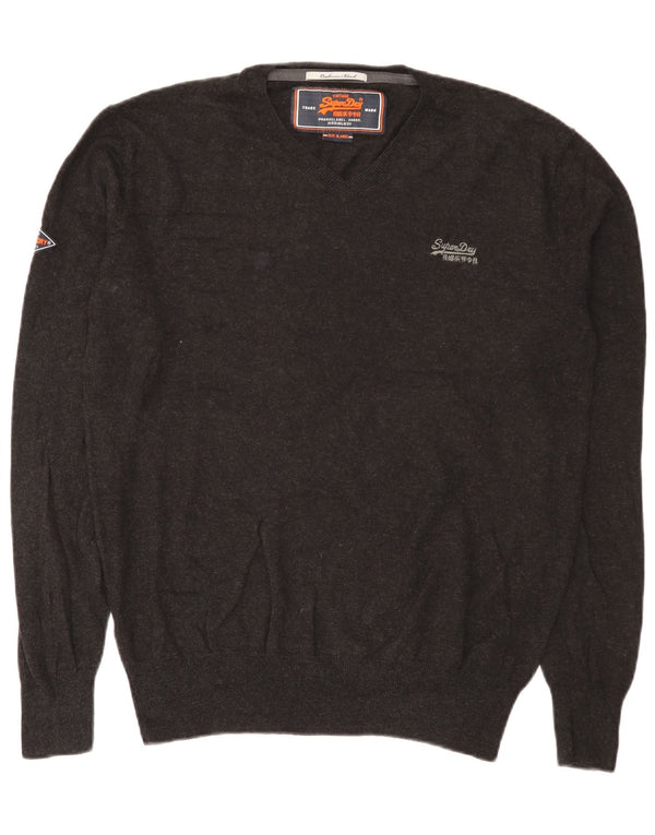 Superdry Herren-Pullover mit V-Ausschnitt, XL, graue Baumwolle