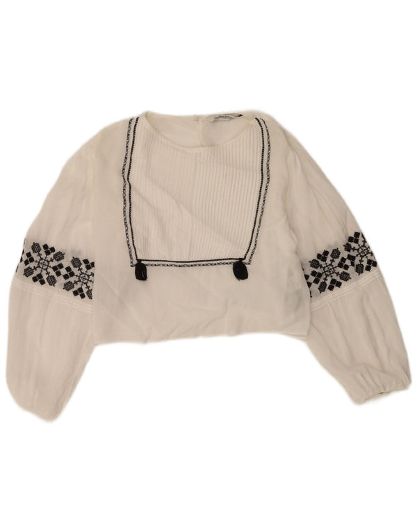 Zara Damen Crop Bluse Top UK 10 Small Weiß geblümte Viskose
