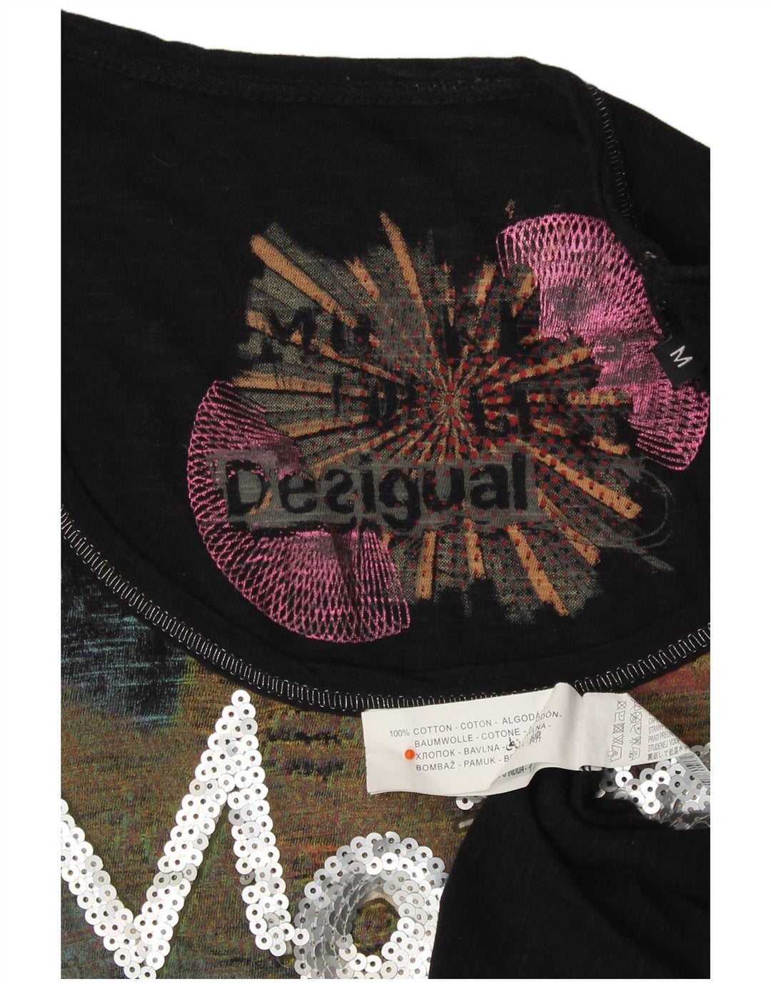 DESIGUAL Womens Graphic Top Langarm UK 12 Medium Schwarz Designer