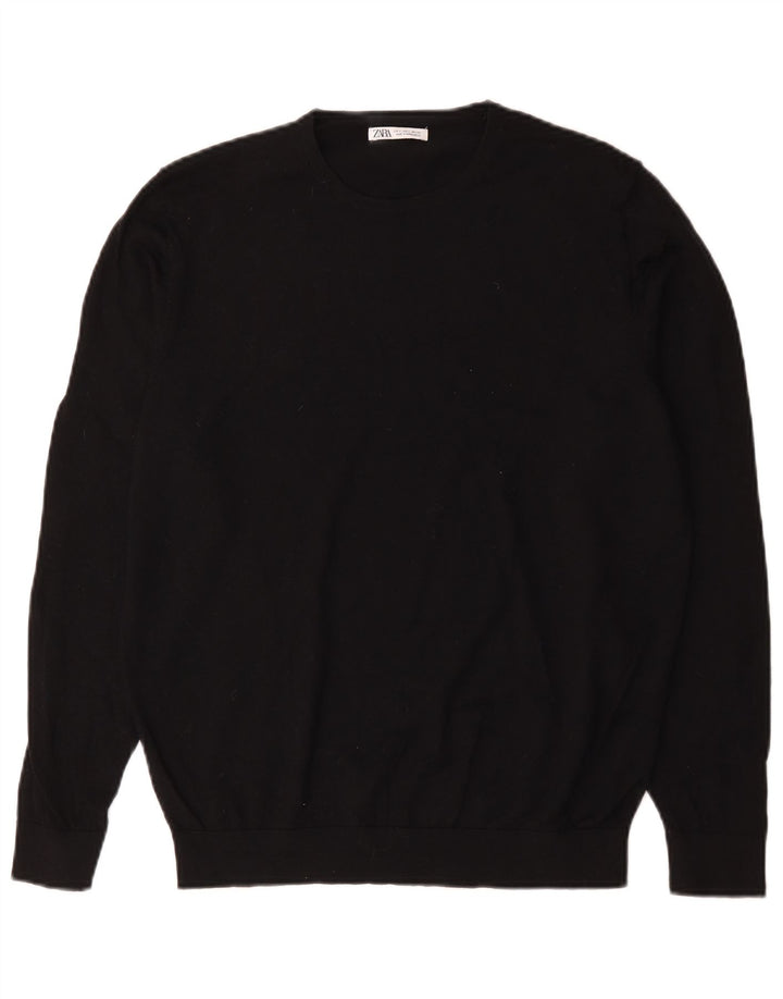 Zara Herren-Pullover mit Rundhalsausschnitt, groß, schwarze Wolle