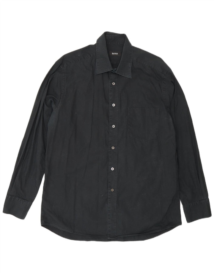 Hugo Boss Herrenhemd Größe 16 1/2 große schwarze Baumwolle