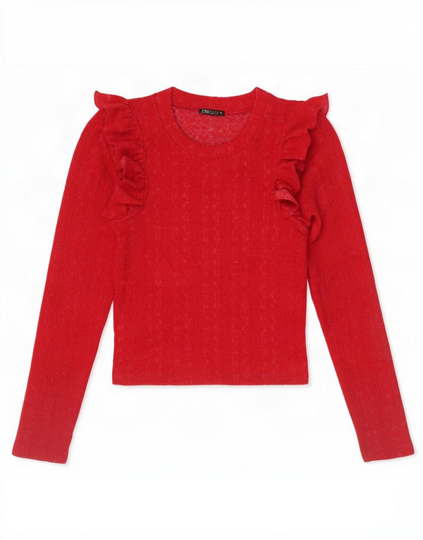 Zara Damen Crop Ruffle Front Top Langarm UK 8 Small Rot