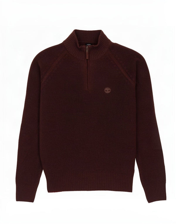 Timberland Mens Zip Neck Jumper Sweater Small Burgundy Lambswool