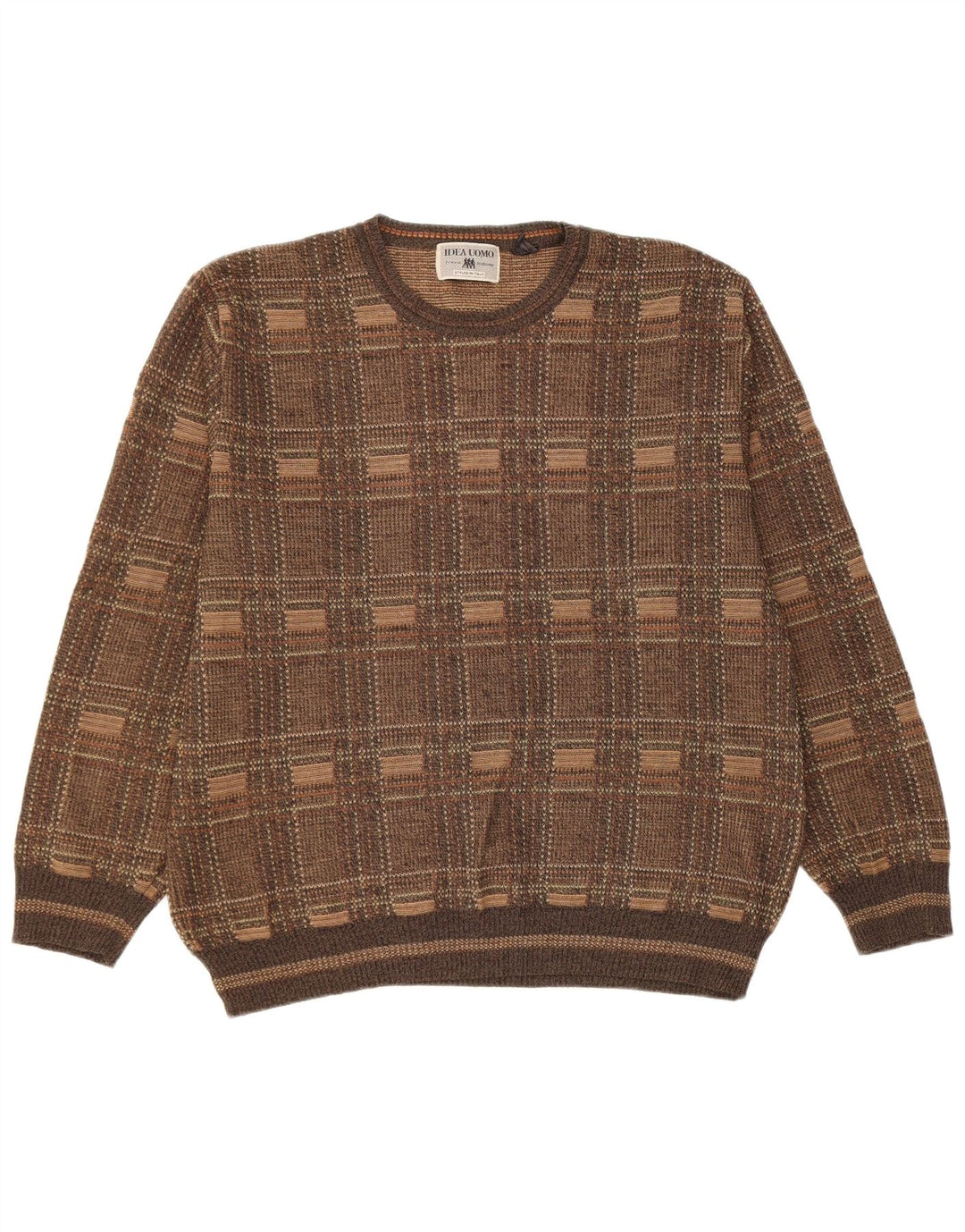 Vintage Herren Pullover mit Rundhalsausschnitt, groß, braun kariert