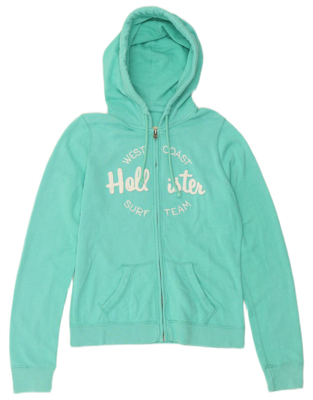 HOLLISTER Womens Graphic Zip Hoodie Sweater UK 14 Mitteltürkis Baumwolle