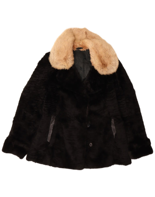 VINTAGE Damen Kunstfelljacke UK 14 Medium Schwarz