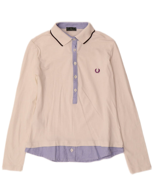 Fred Perry Damen Langarm-Poloshirt UK 12 Mittelweiß Farbblock