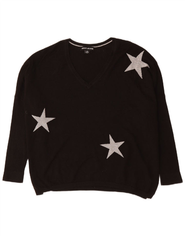 Dkny Damen-Pullover, übergroß, mit grafischem V-Ausschnitt, Gr. 40, Größe L, Schwarz