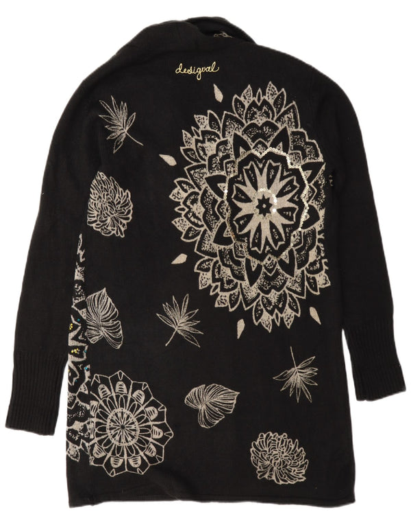 Desigual Damen übergroßer Longline-Cardigan-Pullover UK 6 XS Schwarz geblümt