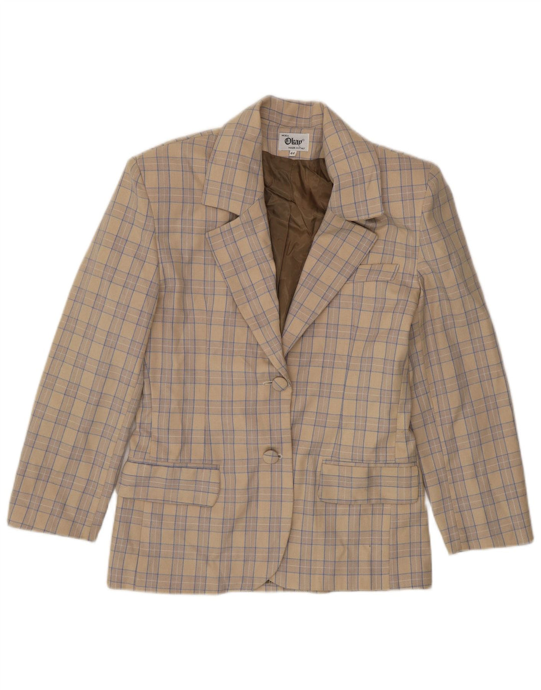 Okay Damen-Blazer mit 2 Knöpfen, IT 44, mittelbeige karierte Wolle
