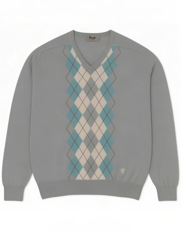 Pringle Herren-Pullover mit V-Ausschnitt, XL, blaue Argyle-/Diamant-Lammwolle