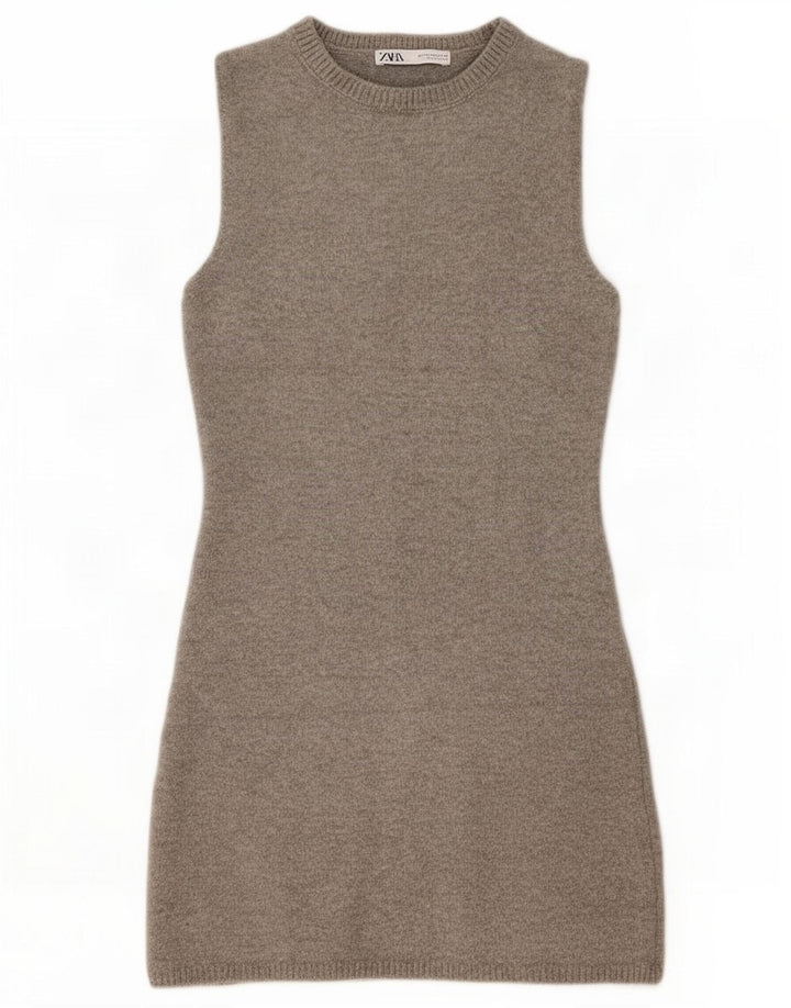 Zara Damen Ärmelloses Pulloverkleid UK 12 Mittelgraue Wolle