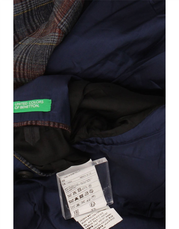 Benetton Herren-Blazer mit 2 Knöpfen, UK 38, mittelmarineblau, karierte Wolle
