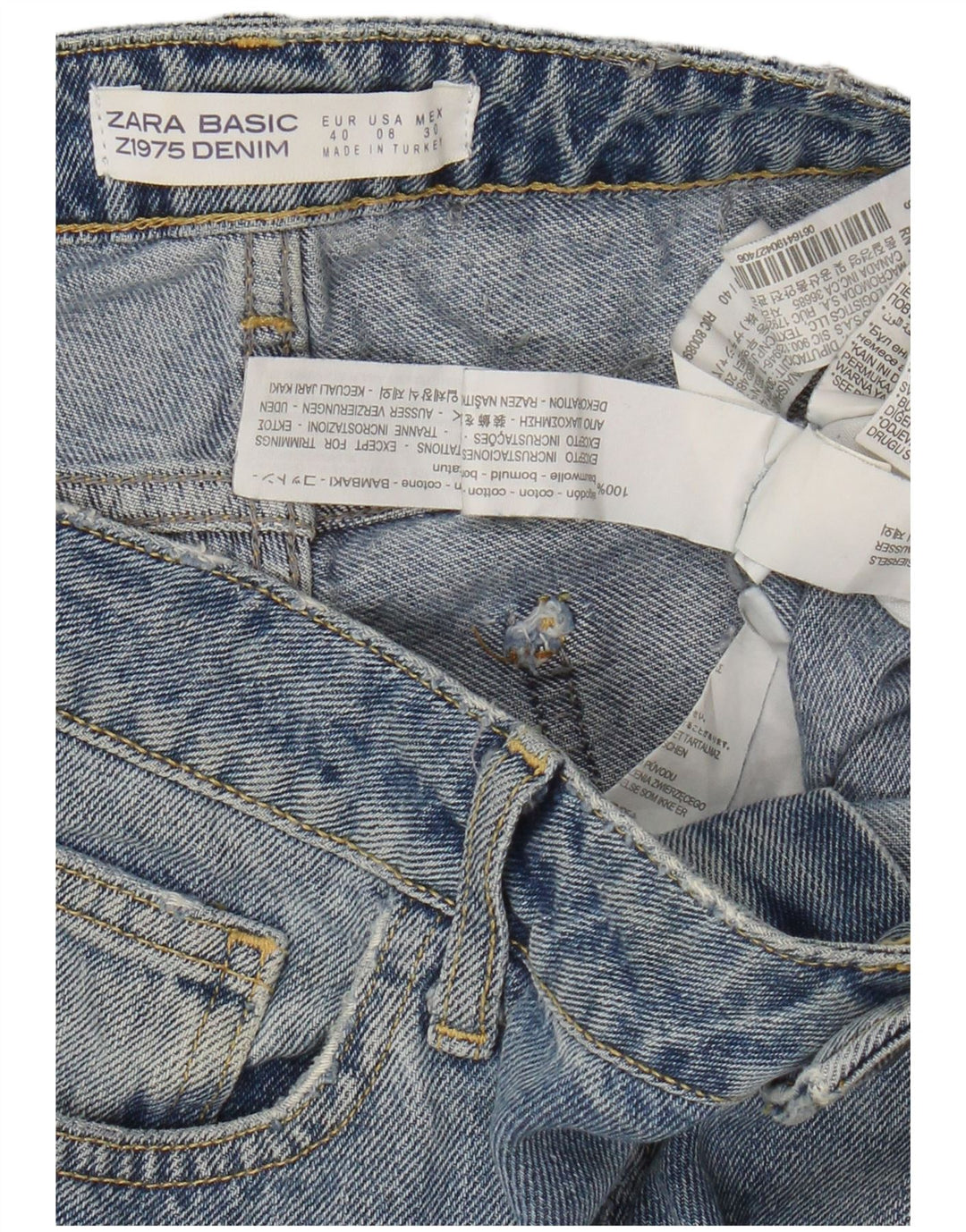 Zara Damen Graphic Cropped Jeans EU 40 Medium W30 L26 Blau gepunktete Baumwolle