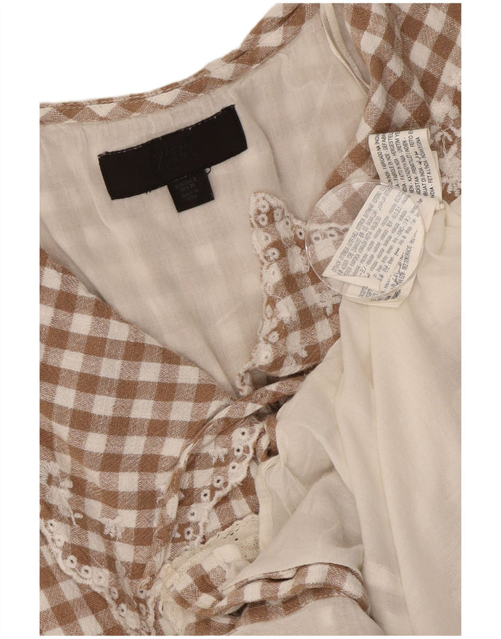 Zara Damen ärmelloses Etuikleid UK 10 Small Brown Gingham Viscose