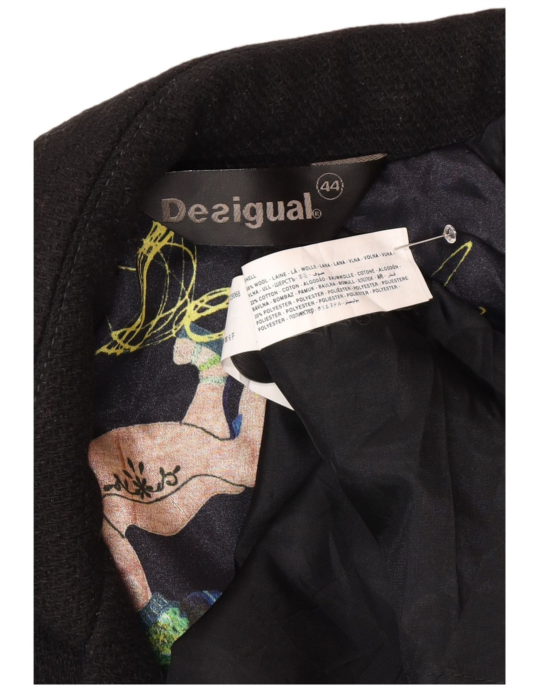 Desigual Damenmantel EU 44 XL Schwarze geblümte Wolle