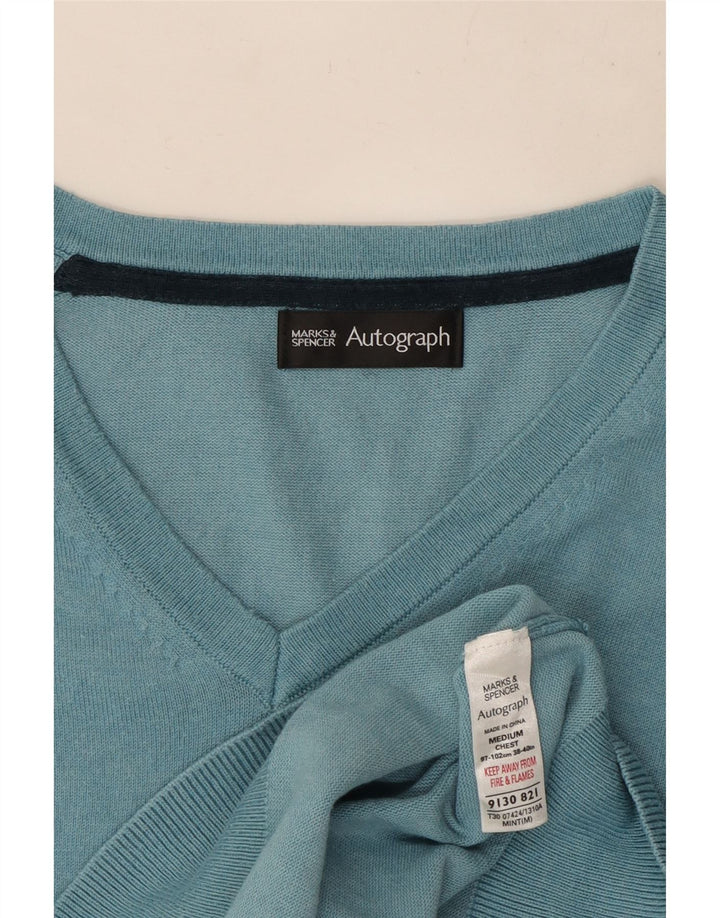 Marks & Spencer Herren Autograph Pullover mit V-Ausschnitt aus mittelblauer Baumwolle