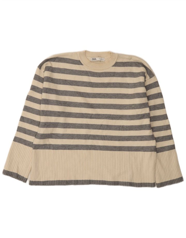 Zara Damen-Pullover, übergroß, Rundhalsausschnitt, Gr. 10, Größe S, weiß gestreift