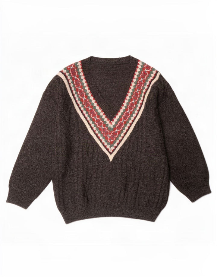 Vintage Herren Pullover mit V-Ausschnitt, groß, grau, geometrisch, Acryl