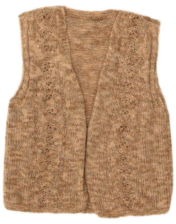 Vintage Damen ärmelloser offener Cardigan Pullover UK 16 Groß Braun meliert