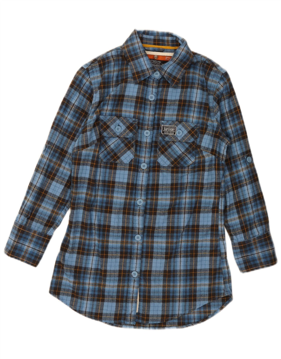 SUPERDRY Flanellhemd mit 3/4-Ärmeln für Damen, UK 10, Größe S, blau kariert, Baumwolle