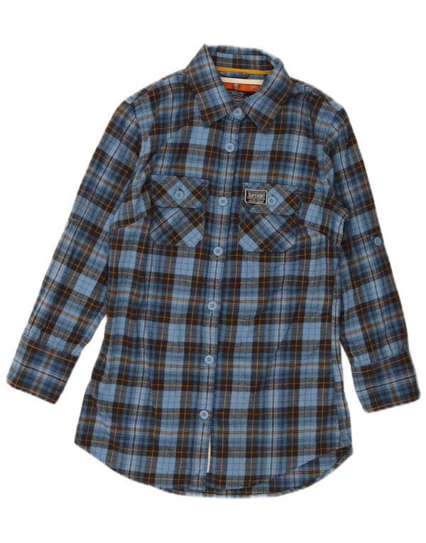 SUPERDRY Flanellhemd mit 3/4-Ärmeln für Damen, UK 10, Größe S, blau kariert, Baumwolle