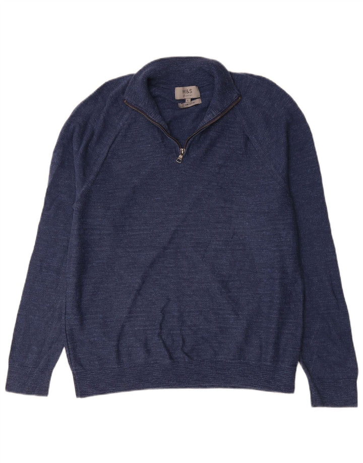 Marks & Spencer Herren-Pullover mit Reißverschluss am Hals, groß, blau gefleckte Baumwolle