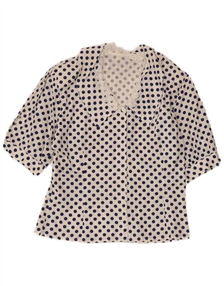 VINTAGE Damen 1/2-Ärmel-Hemdbluse UK 12 Mittelweiß gepunktet