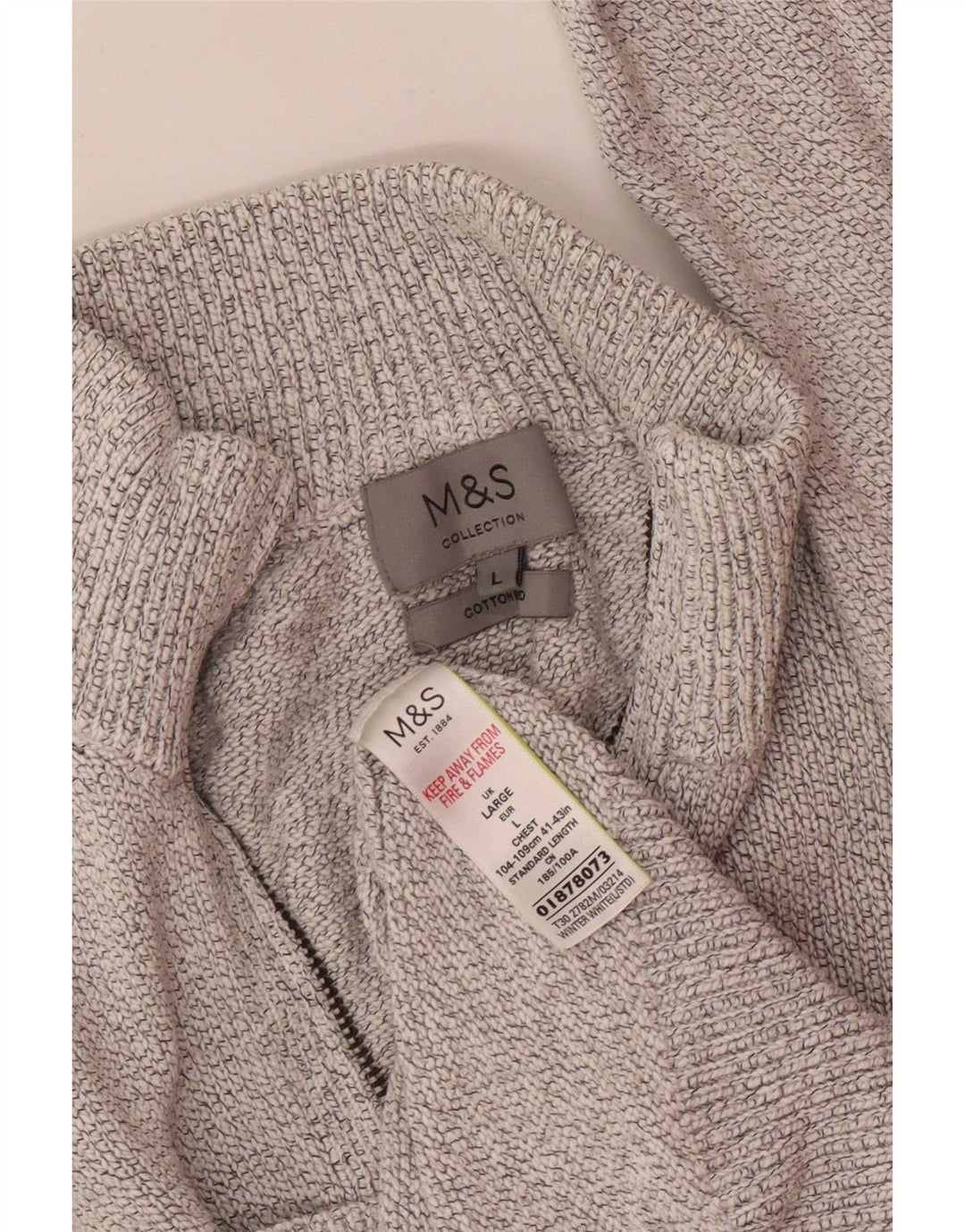 Marks & Spencer Herren-Pullover mit Reißverschluss am Hals, groß, cremefarbene gesprenkelte Baumwolle