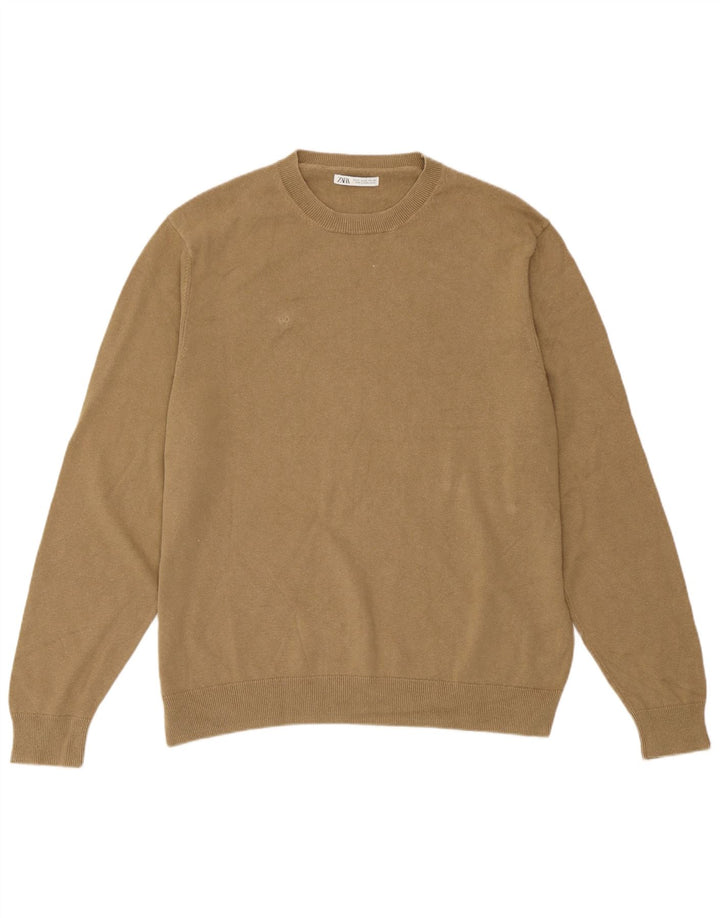 Zara Herren-Pullover mit Rundhalsausschnitt, XL, Beige, Leinen