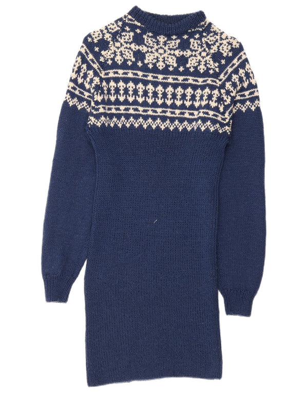 Vintage Damen Langarm-Pulloverkleid UK 10 Small Blue Fair Isle