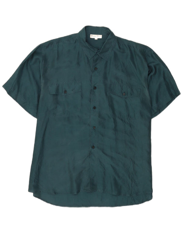Vintage Mens Short Sleeve Shirt Large Green Silk