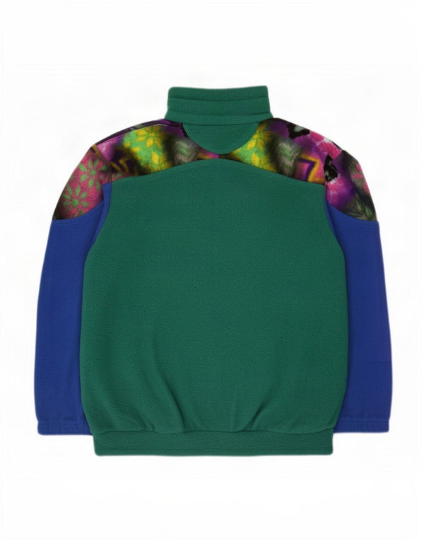 Vintage Herren-Fleecepullover mit Knopfkragen, mittelgrün, Farbblock-Polyester